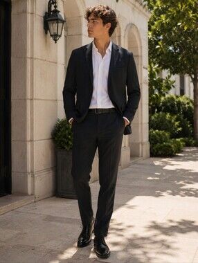 Tallia black pinstripe suit set /Joseph Abboud white dress shirt 46R Tailored